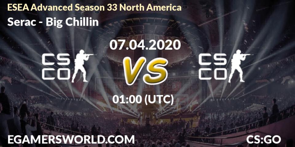 Serac vs Big Chillin: Betting TIp, Match Prediction. 07.04.2020 at 01:40. Counter-Strike (CS2), ESEA Advanced Season 33 North America