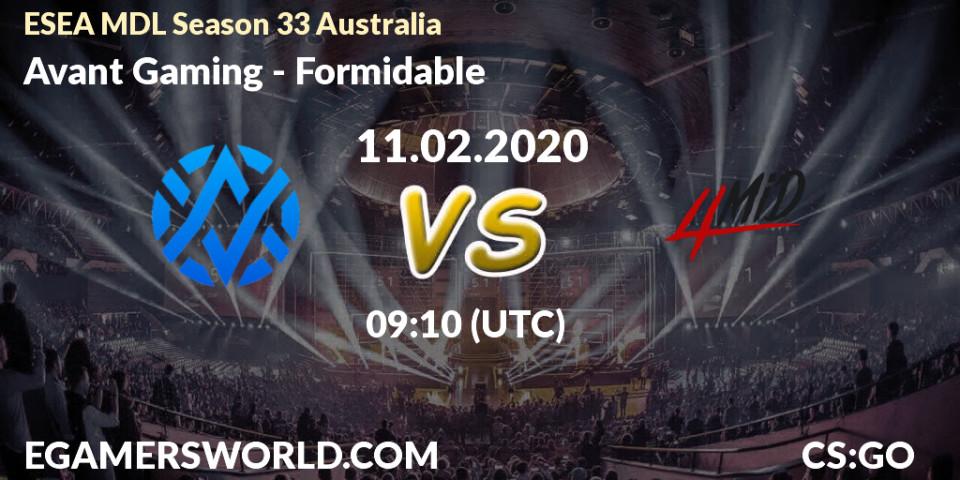 Avant Gaming vs Formidable: Betting TIp, Match Prediction. 18.02.2020 at 09:10. Counter-Strike (CS2), ESEA MDL Season 33 Australia