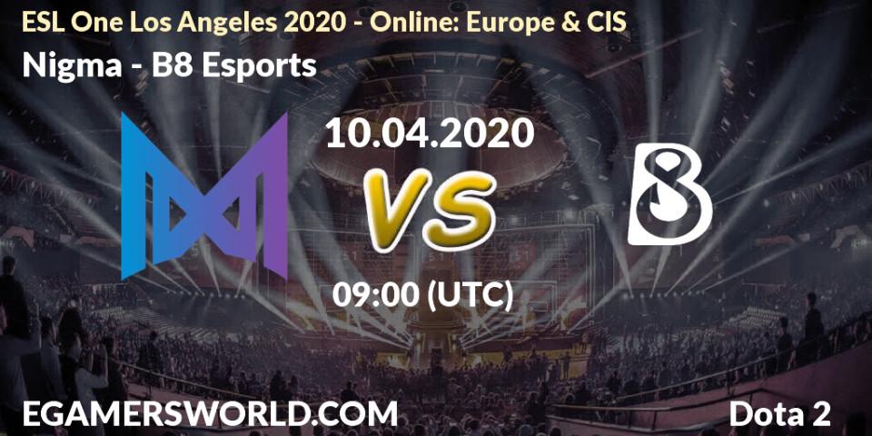 Nigma vs B8 Esports: Betting TIp, Match Prediction. 10.04.2020 at 09:00. Dota 2, ESL One Los Angeles 2020 - Online: Europe & CIS