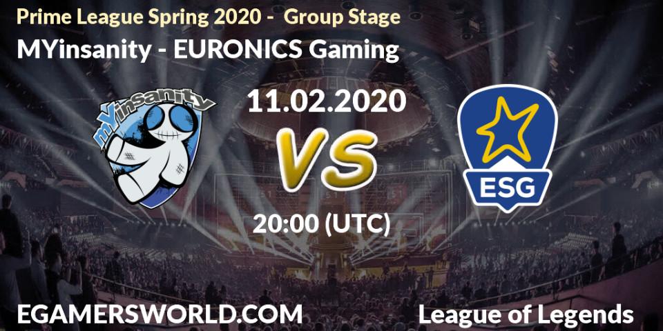 MYinsanity vs EURONICS Gaming: Betting TIp, Match Prediction. 11.02.20. LoL, Prime League Spring 2020 - Group Stage
