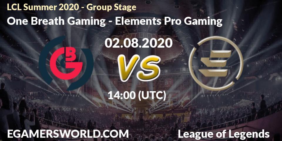 One Breath Gaming vs Elements Pro Gaming: Betting TIp, Match Prediction. 02.08.20. LoL, LCL Summer 2020 - Group Stage