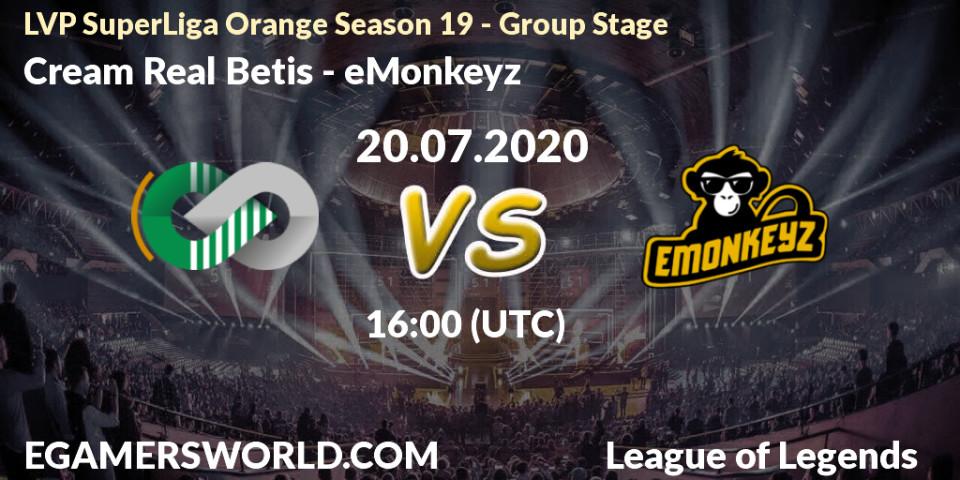 Cream Real Betis vs eMonkeyz: Betting TIp, Match Prediction. 20.07.2020 at 18:00. LoL, LVP SuperLiga Orange Season 19 - Group Stage