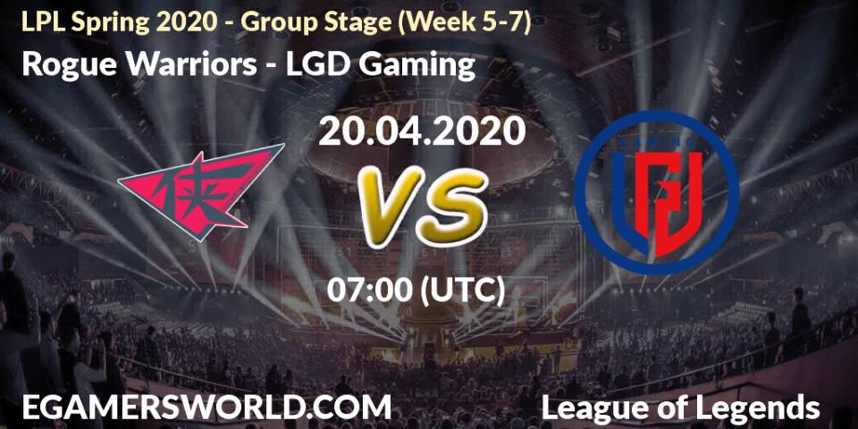Rogue Warriors vs LGD Gaming: Betting TIp, Match Prediction. 20.04.2020 at 07:00. LoL, LPL Spring 2020 - Group Stage (Week 5-7)