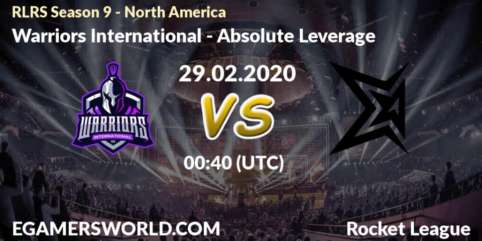 Warriors International vs Absolute Leverage: Betting TIp, Match Prediction. 29.02.2020 at 00:40. Rocket League, RLRS Season 9 - North America