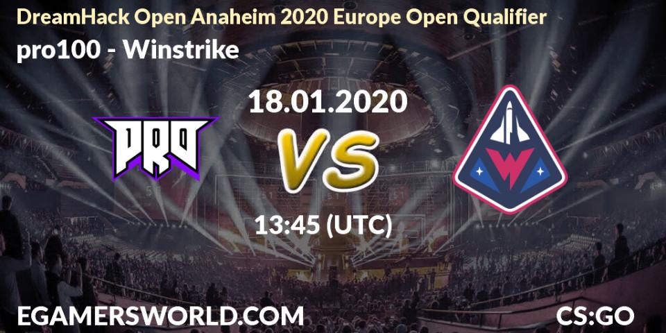pro100 vs Winstrike: Betting TIp, Match Prediction. 18.01.20. CS2 (CS:GO), DreamHack Open Anaheim 2020 Europe Open Qualifier