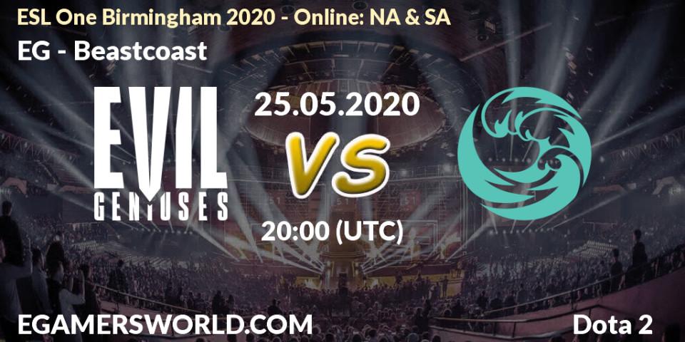 EG vs Beastcoast: Betting TIp, Match Prediction. 29.05.2020 at 17:33. Dota 2, ESL One Birmingham 2020 - Online: NA & SA