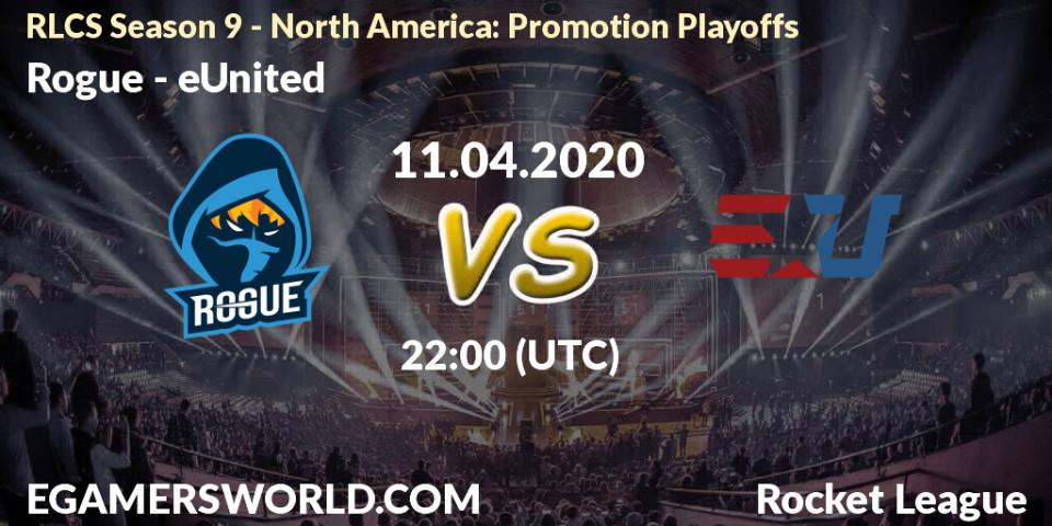 Rogue vs eUnited: Betting TIp, Match Prediction. 11.04.2020 at 22:00. Rocket League, RLCS Season 9 - North America: Promotion Playoffs