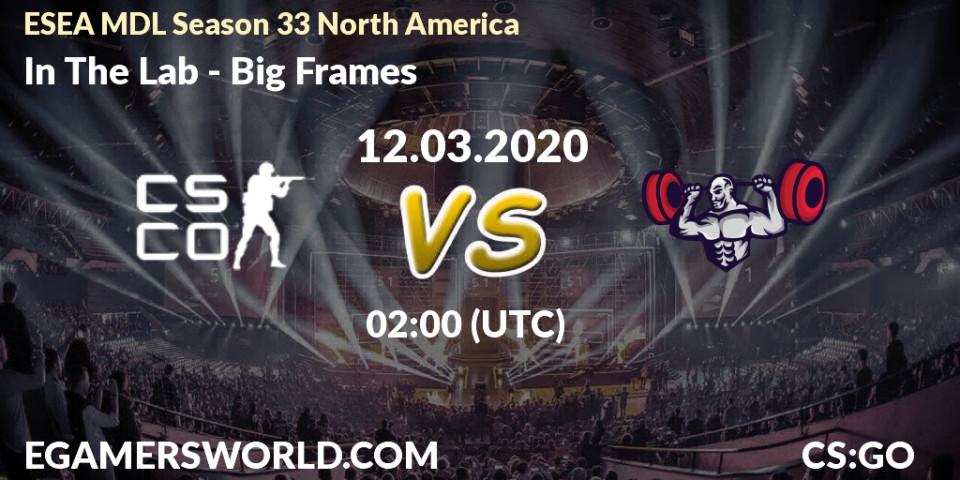 In The Lab vs Big Frames: Betting TIp, Match Prediction. 12.03.2020 at 02:10. Counter-Strike (CS2), ESEA MDL Season 33 North America