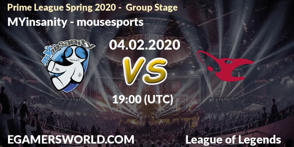 MYinsanity vs mousesports: Betting TIp, Match Prediction. 04.02.20. LoL, Prime League Spring 2020 - Group Stage