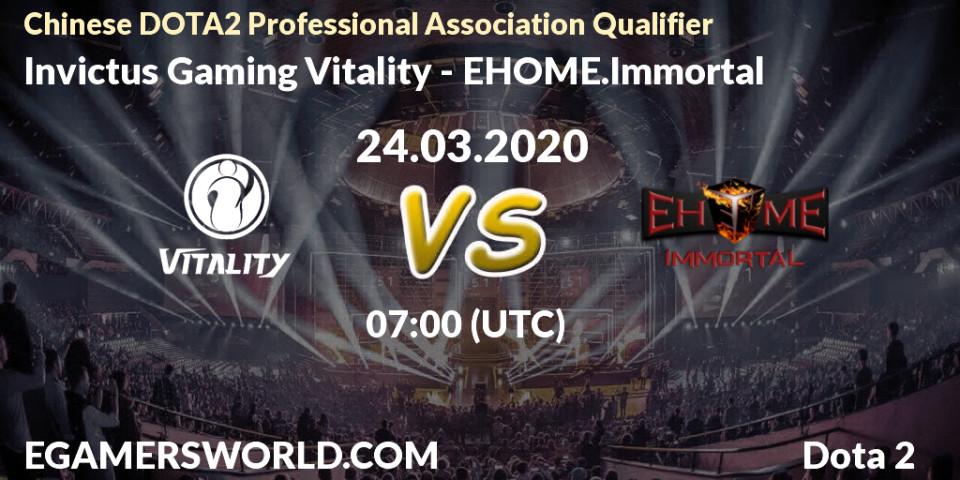 Invictus Gaming Vitality vs EHOME.Immortal: Betting TIp, Match Prediction. 24.03.2020 at 07:11. Dota 2, Chinese DOTA2 Professional Association Qualifier