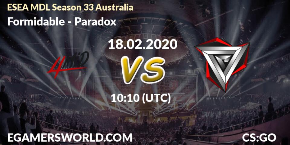 Formidable vs Paradox: Betting TIp, Match Prediction. 20.02.2020 at 09:10. Counter-Strike (CS2), ESEA MDL Season 33 Australia