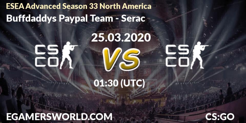 Buffdaddys Paypal Team vs Serac: Betting TIp, Match Prediction. 25.03.2020 at 01:30. Counter-Strike (CS2), ESEA Advanced Season 33 North America