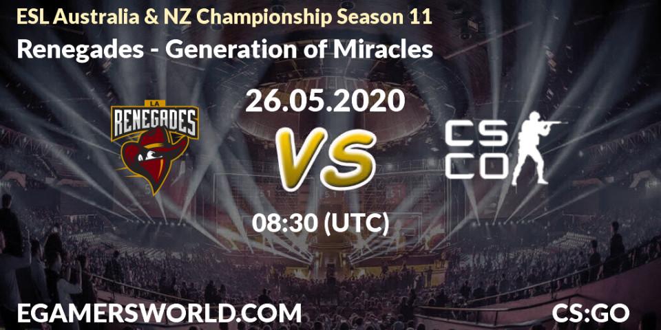Renegades vs Generation of Miracles: Betting TIp, Match Prediction. 26.05.2020 at 08:50. Counter-Strike (CS2), ESL Australia & NZ Championship Season 11