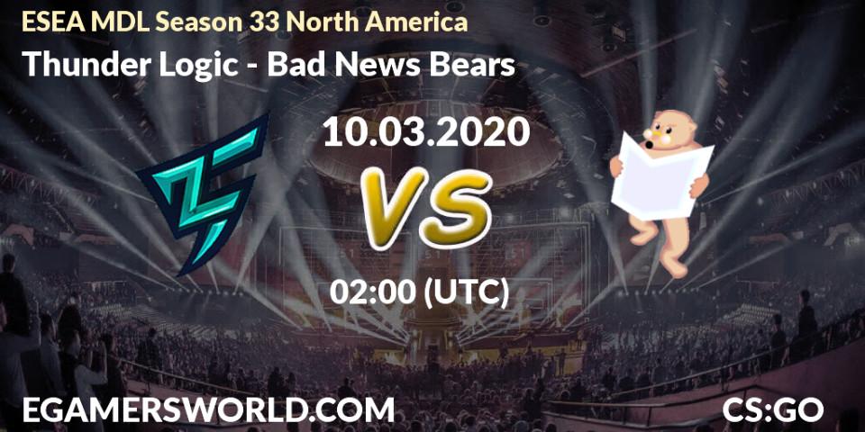 Thunder Logic vs Bad News Bears: Betting TIp, Match Prediction. 10.03.20. CS2 (CS:GO), ESEA MDL Season 33 North America
