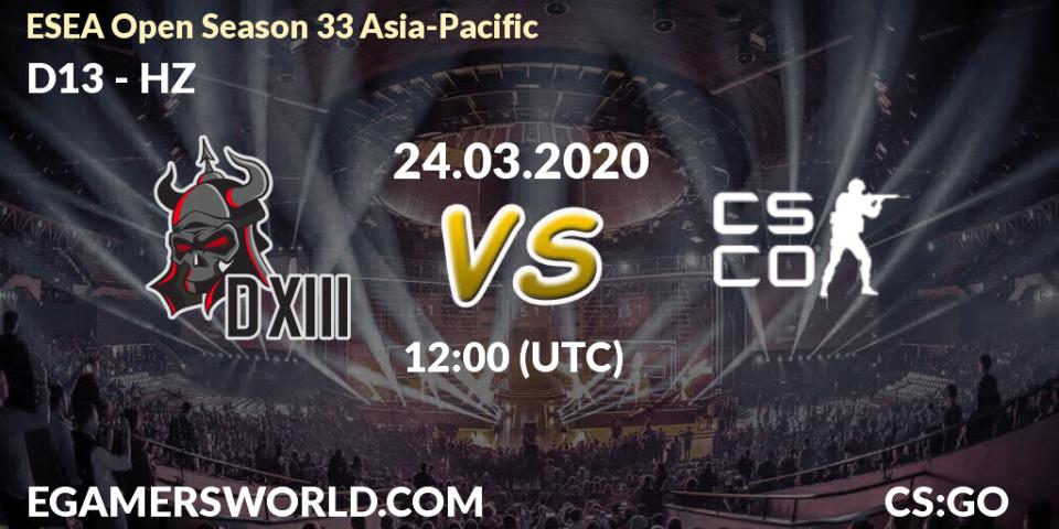 D13 vs HZ: Betting TIp, Match Prediction. 25.03.2020 at 12:00. Counter-Strike (CS2), ESEA Open Season 33 Asia-Pacific