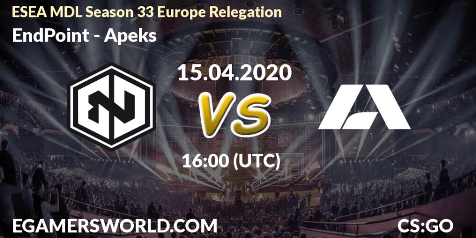 EndPoint vs Apeks: Betting TIp, Match Prediction. 15.04.2020 at 16:00. Counter-Strike (CS2), ESEA MDL Season 33 Europe Relegation