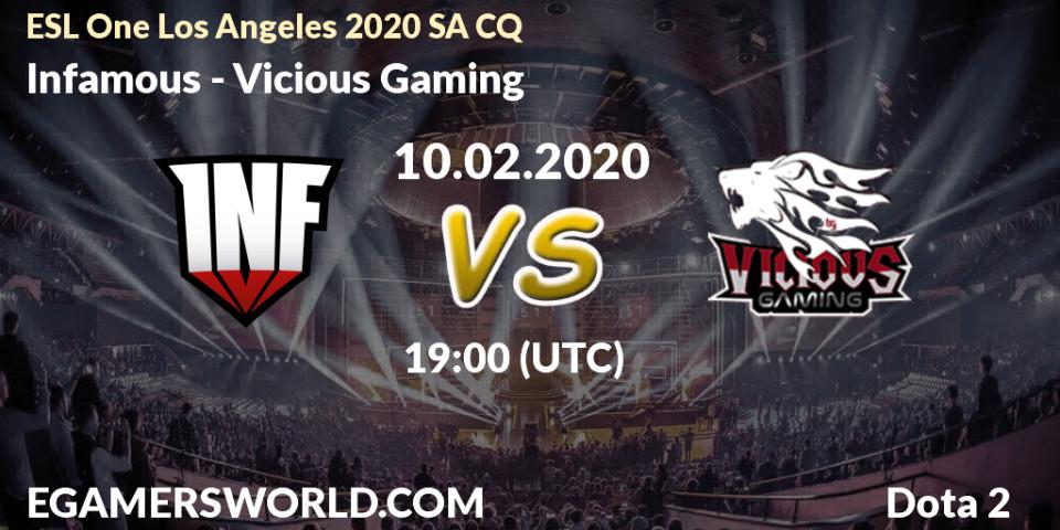 Infamous vs Vicious Gaming: Betting TIp, Match Prediction. 10.02.2020 at 19:51. Dota 2, ESL One Los Angeles 2020 SA CQ