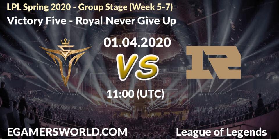Victory Five vs Royal Never Give Up: Betting TIp, Match Prediction. 01.04.2020 at 10:30. LoL, LPL Spring 2020 - Group Stage (Week 5-7)