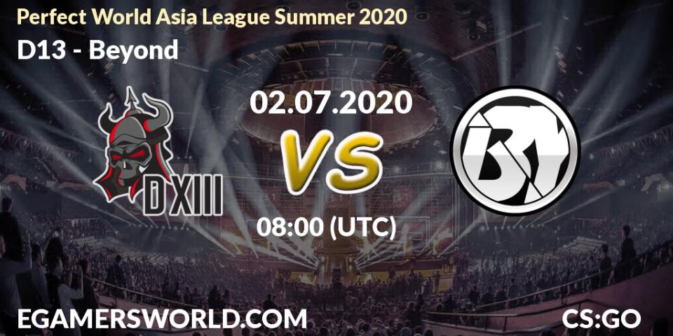 D13 vs Beyond: Betting TIp, Match Prediction. 02.07.20. CS2 (CS:GO), Perfect World Asia League Summer 2020