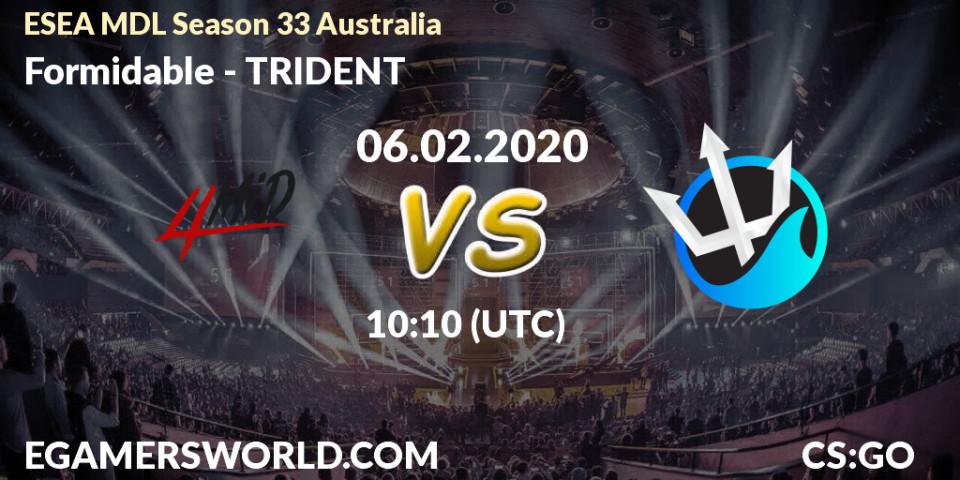 Formidable vs TRIDENT: Betting TIp, Match Prediction. 06.02.2020 at 10:10. Counter-Strike (CS2), ESEA MDL Season 33 Australia