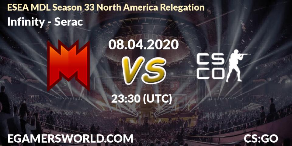 Infinity vs Serac: Betting TIp, Match Prediction. 08.04.2020 at 23:40. Counter-Strike (CS2), ESEA MDL Season 33 North America Relegation