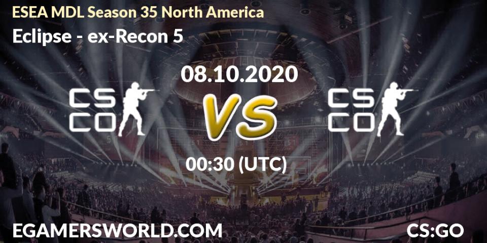 Eclipse vs ex-Recon 5: Betting TIp, Match Prediction. 23.10.2020 at 00:30. Counter-Strike (CS2), ESEA MDL Season 35 North America