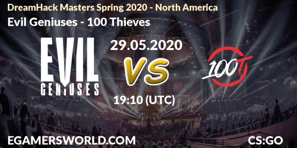 Evil Geniuses vs 100 Thieves: Betting TIp, Match Prediction. 29.05.2020 at 19:15. Counter-Strike (CS2), DreamHack Masters Spring 2020 - North America