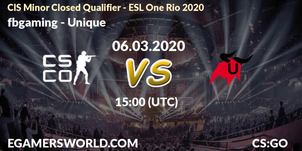 fbgaming vs Unique: Betting TIp, Match Prediction. 06.03.2020 at 15:00. Counter-Strike (CS2), CIS Minor Closed Qualifier - ESL One Rio 2020