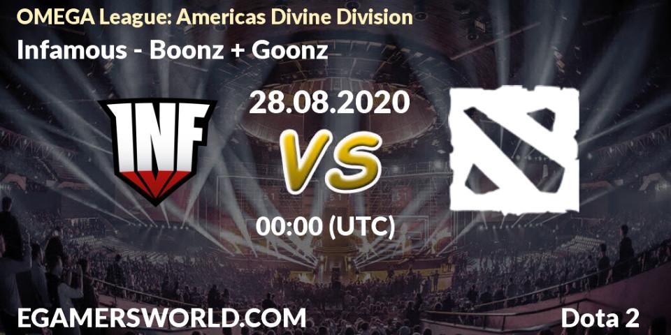 Infamous vs Boonz + Goonz: Betting TIp, Match Prediction. 28.08.2020 at 00:17. Dota 2, OMEGA League: Americas Divine Division