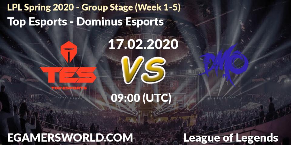 Top Esports vs Dominus Esports: Betting TIp, Match Prediction. 23.03.2020 at 06:00. LoL, LPL Spring 2020 - Group Stage (Week 1-4)