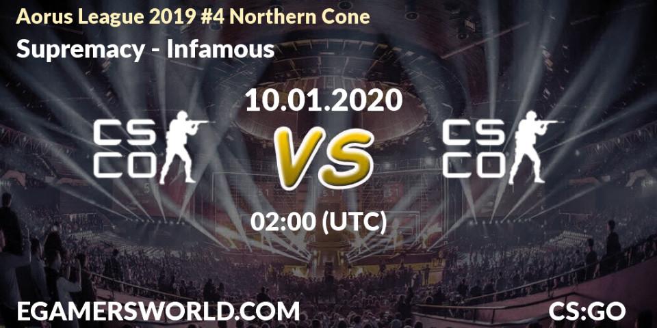 Supremacy vs Infamous: Betting TIp, Match Prediction. 10.01.2020 at 02:00. Counter-Strike (CS2), Aorus League 2019 #4 Northern Cone