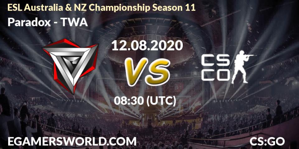 Paradox vs TWA: Betting TIp, Match Prediction. 12.08.2020 at 08:30. Counter-Strike (CS2), ESL Australia & NZ Championship Season 11