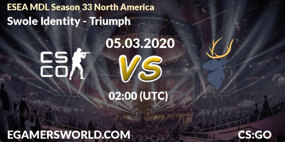 Swole Identity vs Triumph: Betting TIp, Match Prediction. 05.03.2020 at 02:30. Counter-Strike (CS2), ESEA MDL Season 33 North America