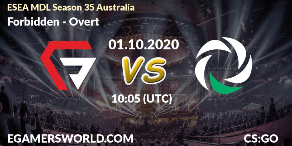 Forbidden vs Overt: Betting TIp, Match Prediction. 01.10.2020 at 10:05. Counter-Strike (CS2), ESEA MDL Season 35 Australia