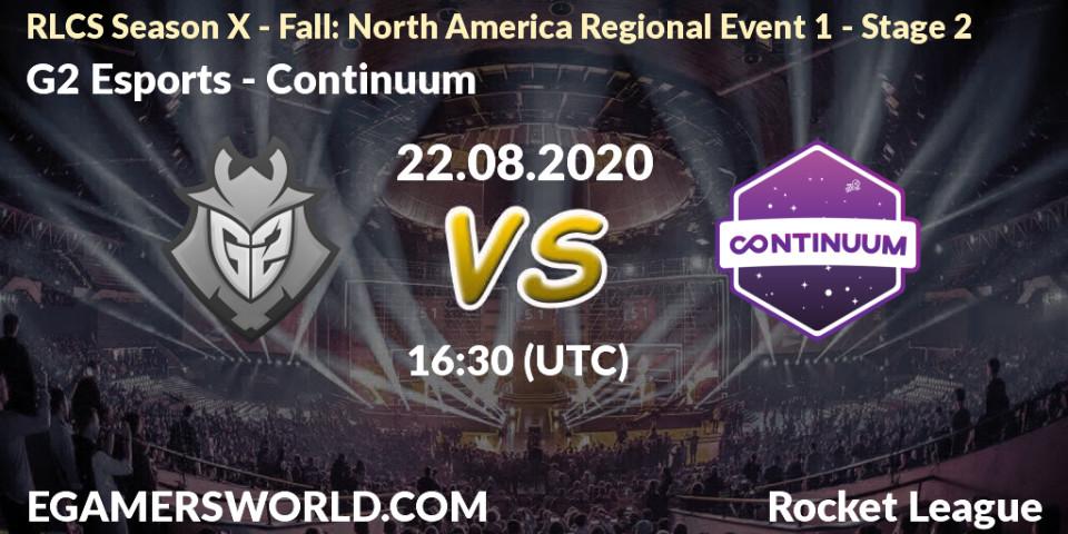 G2 Esports vs Continuum: Betting TIp, Match Prediction. 22.08.2020 at 16:30. Rocket League, RLCS Season X - Fall: North America Regional Event 1 - Stage 2
