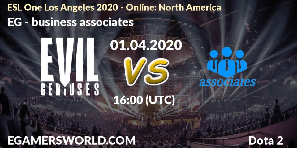 EG vs business associates: Betting TIp, Match Prediction. 01.04.2020 at 16:21. Dota 2, ESL One Los Angeles 2020 - Online: North America