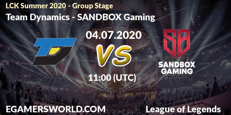 Team Dynamics vs SANDBOX Gaming: Betting TIp, Match Prediction. 04.07.2020 at 09:36. LoL, LCK Summer 2020 - Group Stage