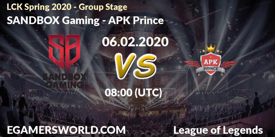 SANDBOX Gaming vs APK Prince: Betting TIp, Match Prediction. 06.02.2020 at 08:00. LoL, LCK Spring 2020 - Group Stage