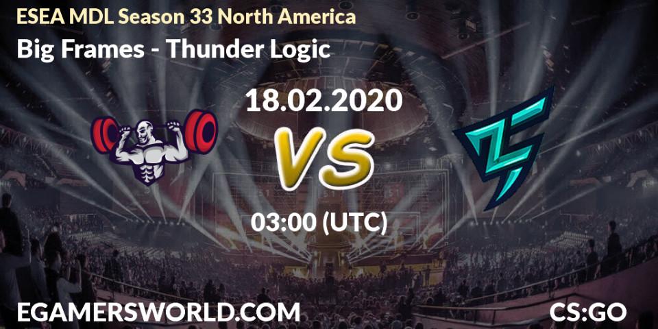 Big Frames vs Thunder Logic: Betting TIp, Match Prediction. 18.02.2020 at 03:10. Counter-Strike (CS2), ESEA MDL Season 33 North America