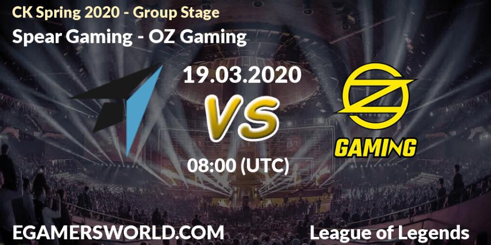 Spear Gaming vs OZ Gaming: Betting TIp, Match Prediction. 02.04.2020 at 07:10. LoL, CK Spring 2020 - Group Stage