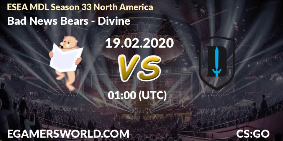 Bad News Bears vs Divine: Betting TIp, Match Prediction. 19.02.20. CS2 (CS:GO), ESEA MDL Season 33 North America