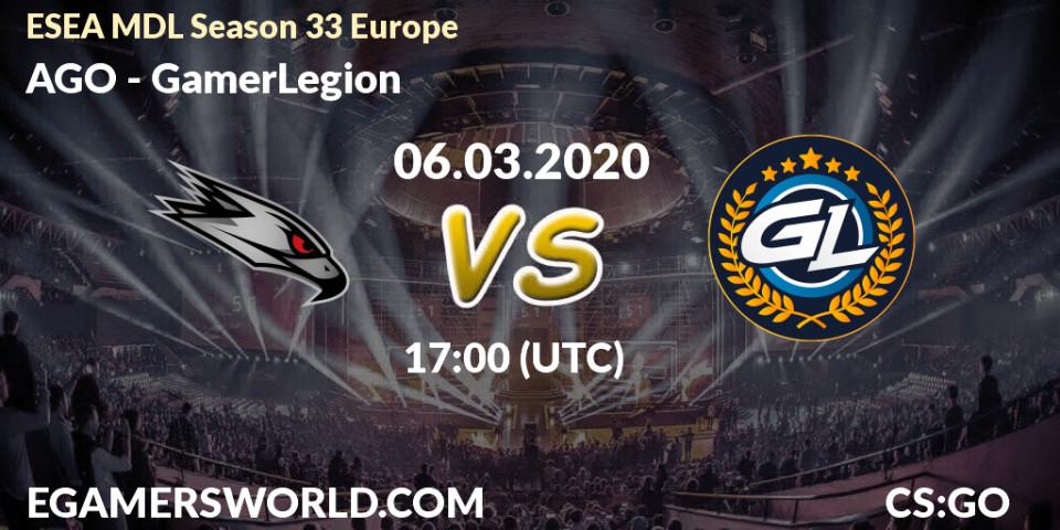 AGO vs GamerLegion: Betting TIp, Match Prediction. 06.03.2020 at 17:05. Counter-Strike (CS2), ESEA MDL Season 33 Europe