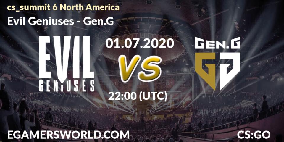 Evil Geniuses vs Gen.G: Betting TIp, Match Prediction. 01.07.2020 at 22:00. Counter-Strike (CS2), cs_summit 6 North America