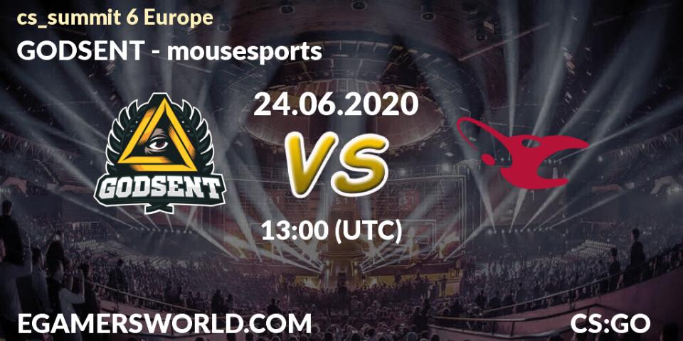 GODSENT vs mousesports: Betting TIp, Match Prediction. 24.06.20. CS2 (CS:GO), cs_summit 6 Europe