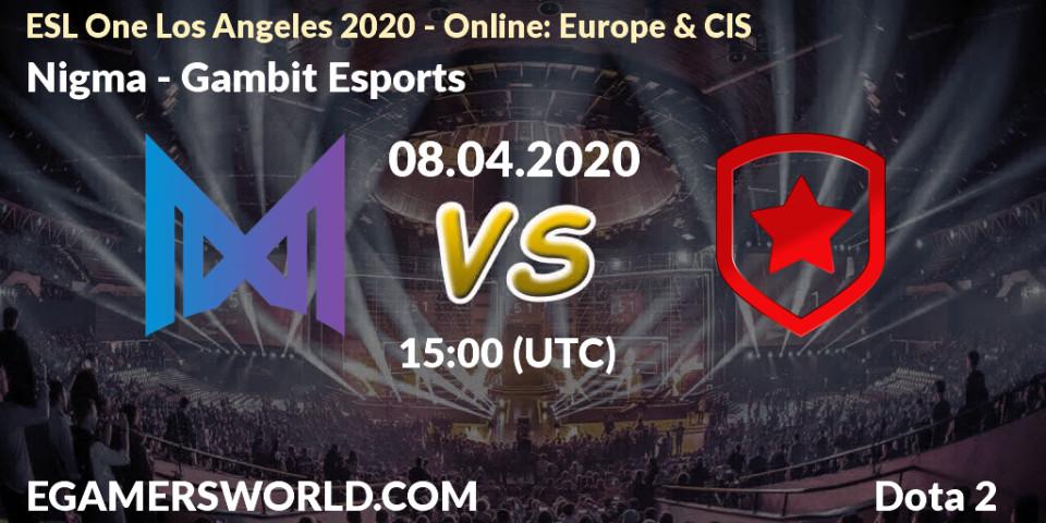 Nigma vs Gambit Esports: Betting TIp, Match Prediction. 08.04.20. Dota 2, ESL One Los Angeles 2020 - Online: Europe & CIS