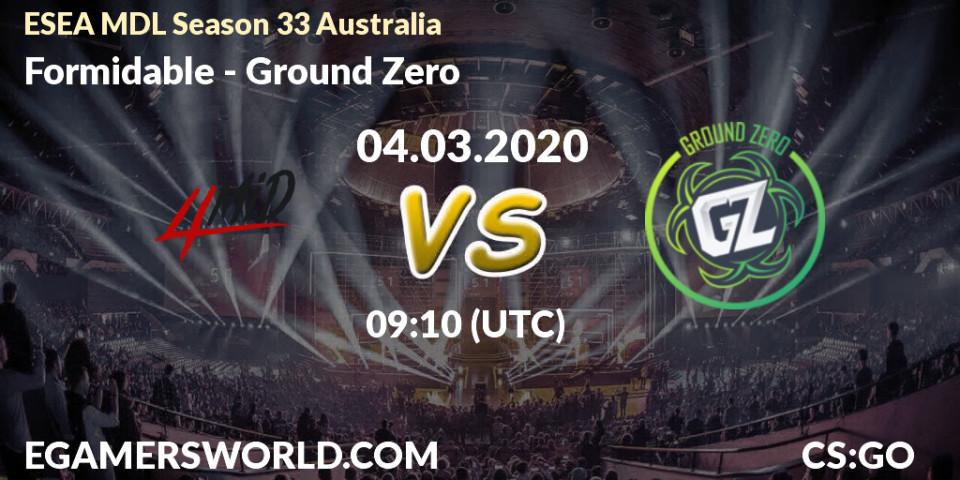 Formidable vs Ground Zero: Betting TIp, Match Prediction. 04.03.2020 at 09:10. Counter-Strike (CS2), ESEA MDL Season 33 Australia