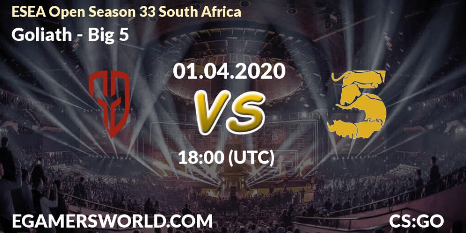 Goliath vs Big 5: Betting TIp, Match Prediction. 01.04.2020 at 18:00. Counter-Strike (CS2), ESEA Open Season 33 South Africa