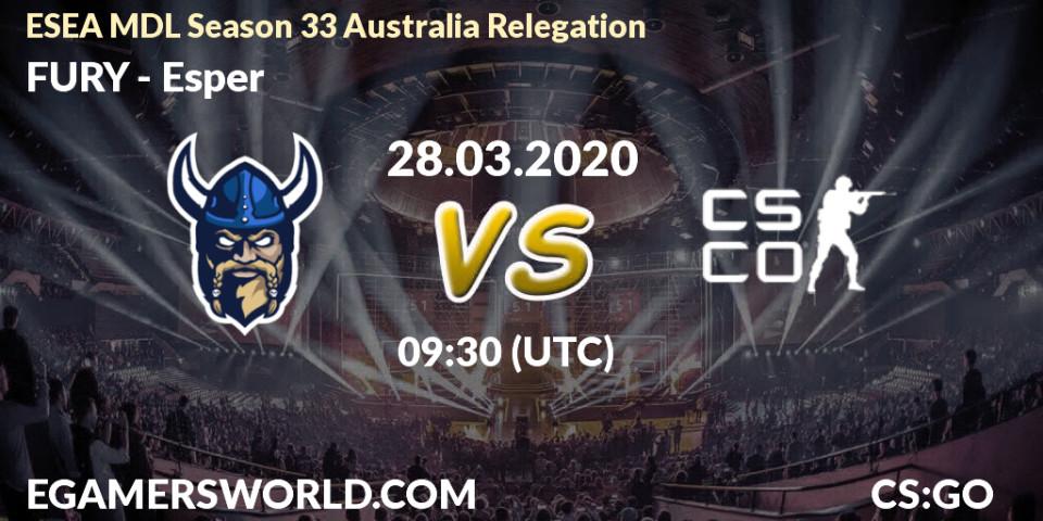 FURY vs Esper: Betting TIp, Match Prediction. 28.03.2020 at 09:40. Counter-Strike (CS2), ESEA MDL Season 33 Australia Relegation