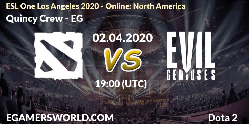 Quincy Crew vs EG: Betting TIp, Match Prediction. 02.04.2020 at 19:47. Dota 2, ESL One Los Angeles 2020 - Online: North America