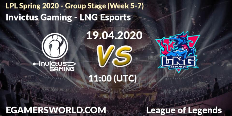 Invictus Gaming vs LNG Esports: Betting TIp, Match Prediction. 19.04.2020 at 11:00. LoL, LPL Spring 2020 - Group Stage (Week 5-7)